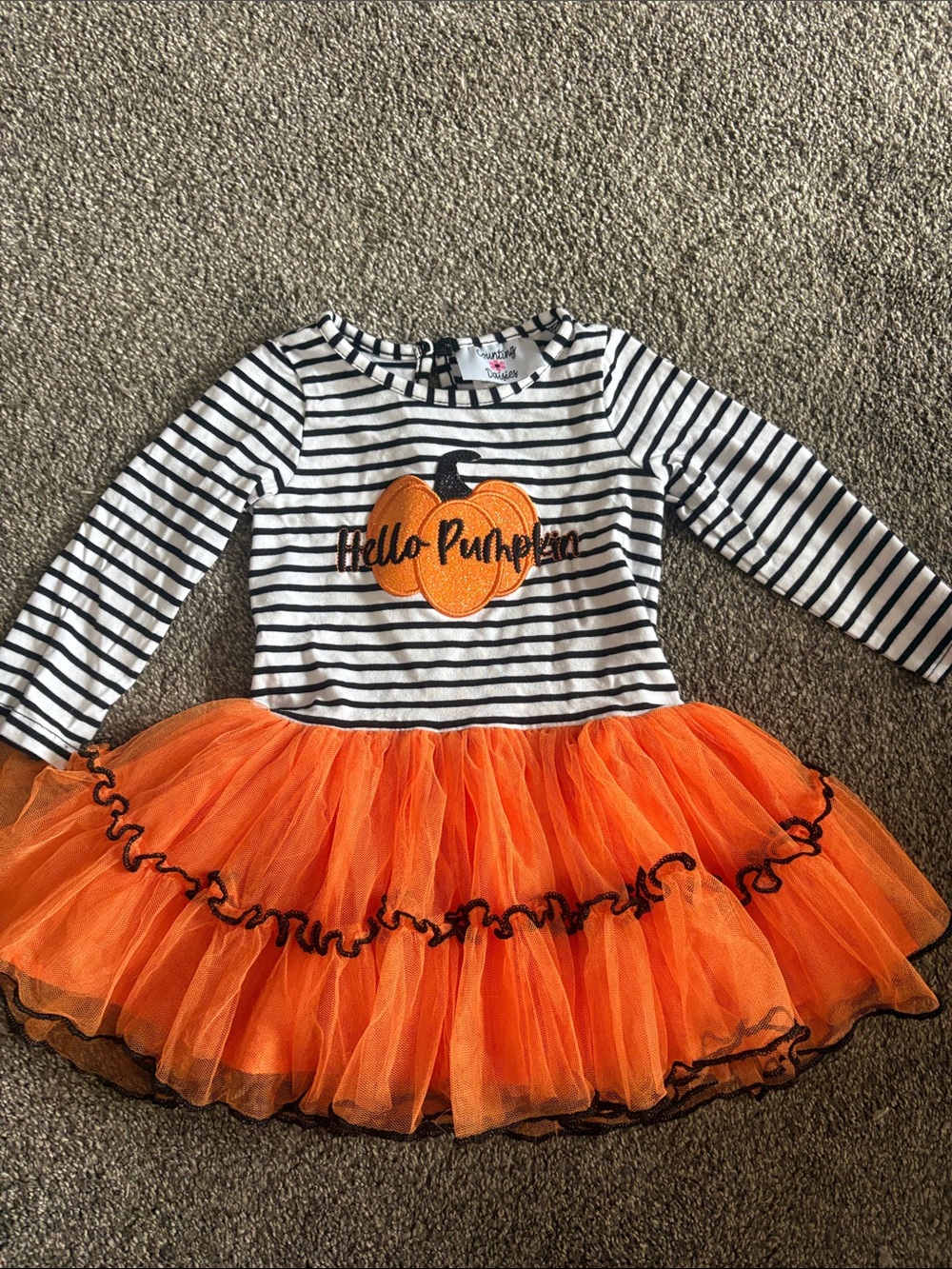 Girls Orange Tulle Skirt Striped Dress - 'Hello Pumpkin'